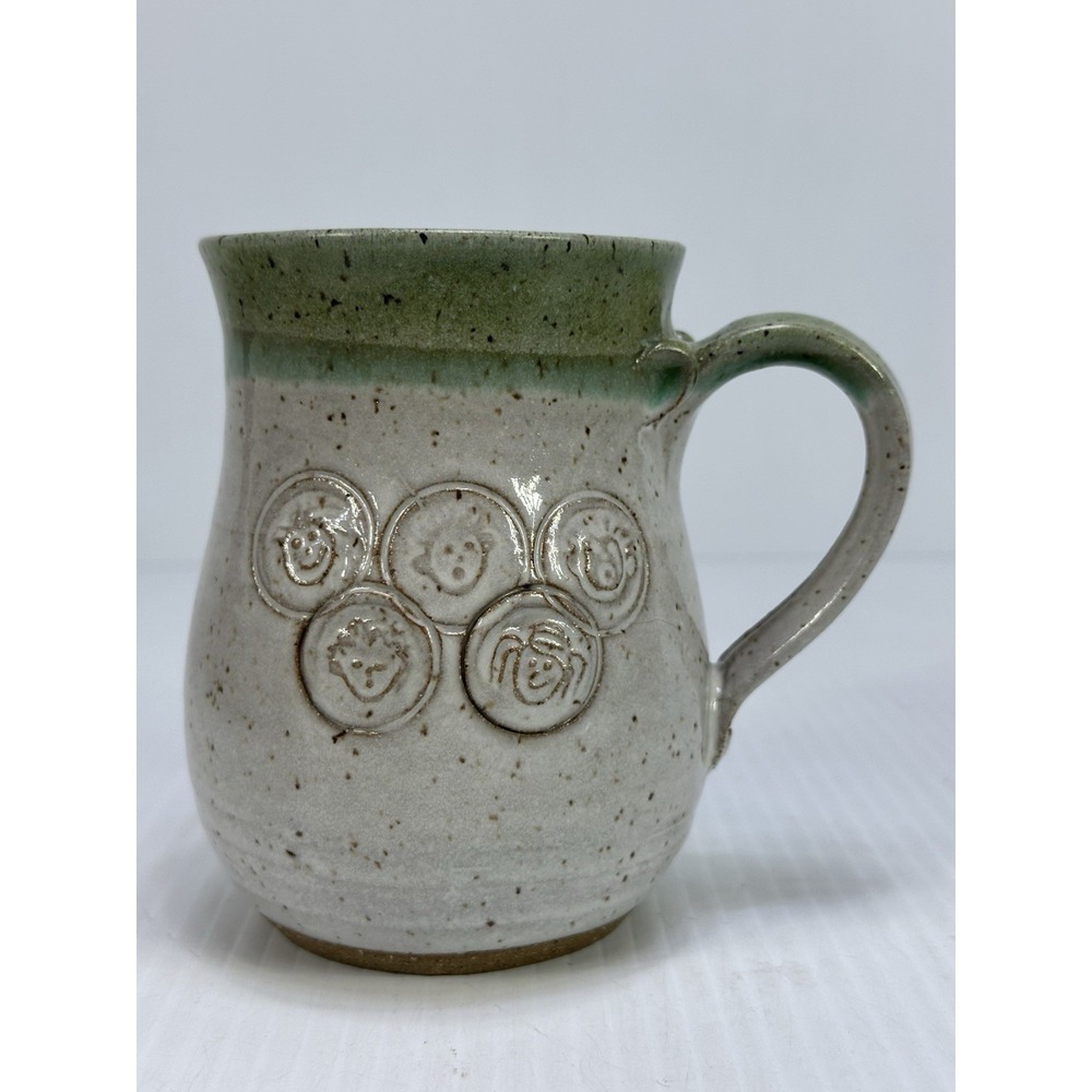Handmade Studio Pottery Glaze‎ Stoneware Smiling Faces Mug Coffee Cup Susan Gay